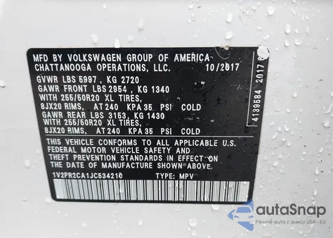 2018 Volkswagen Atlas 3.6L V6 Se W/Technology z USA, uszkodzony, nr VIN 1V2PR2CA1JC534210